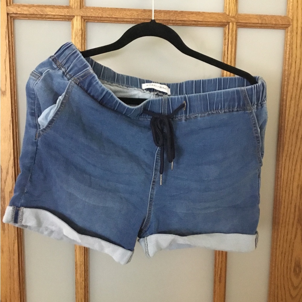 Khaki and blue stretchy pull on shorts